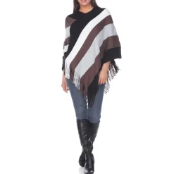 Women's Striped Knit Fringe Poncho